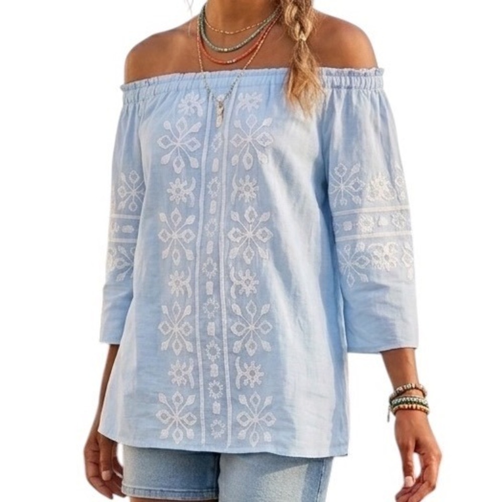 NAOO Nation AK Outfits Blue Embroidered Off Shoulder Cotton Boho Blouse XL